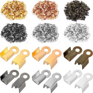 Yolev 1200Pieces Fold Over Clasp Cord Ends Terminators Crimp End Tips Leather Ribbon Ending Clasp Tips Jewelry Connector for Necklace Bracelet Jewelry Making